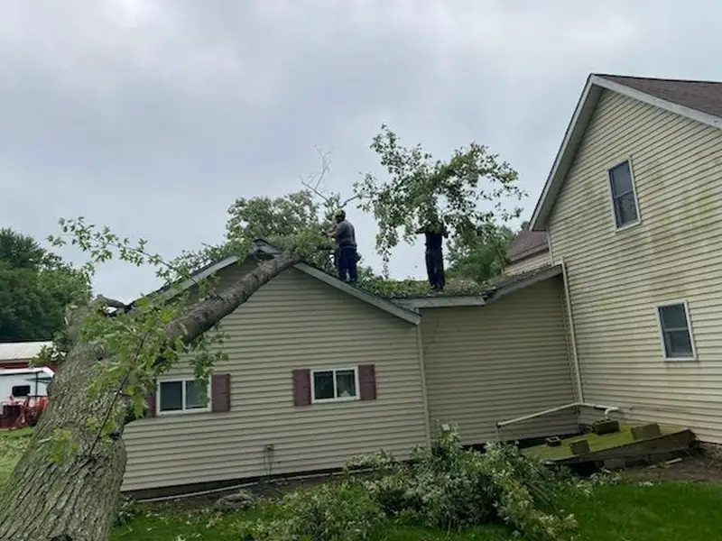 Two crew members on a roof cutting a storm-toppled tree off a two-story house